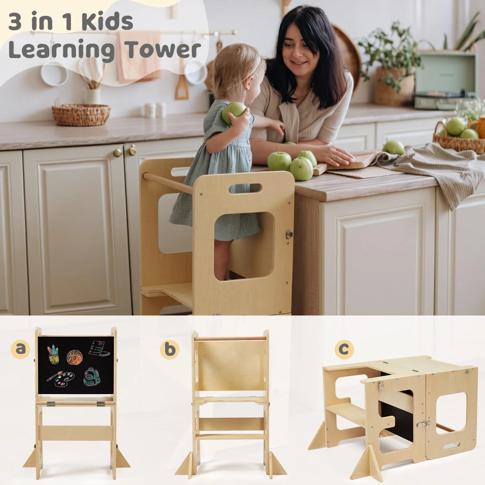 Labebe Lernturm für Kinder, Faltbarer Montessori Learning Tower, 3 in 1 Tritthocker Lernstuhl Kinderhocker mit Tafel, Montessori Küchenhelfer Lernturm ab 18 Monate (Holz)