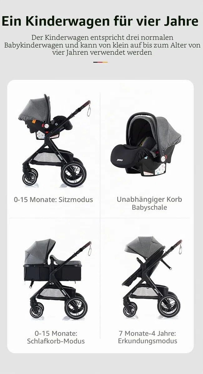 YAZOCO kinderwagen, kinderwagen 3 in 1 Kombikinderwagen reisesysteme mit Moskitonetz Regenschutz Fußsack, Zusammenklappen, Liegeposition