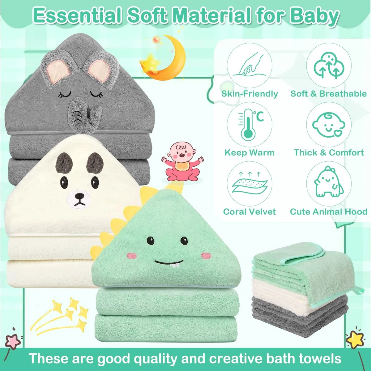 Sublaga 78,9 x 78,9 cm Baby-Kapuzenhandtücher, 9-teiliges Bad für Jungen, Waschlappen-Set mit niedlichem Design, Duschtuch, Geschenk für Neugeborene, Säuglinge und Kleinkinder
