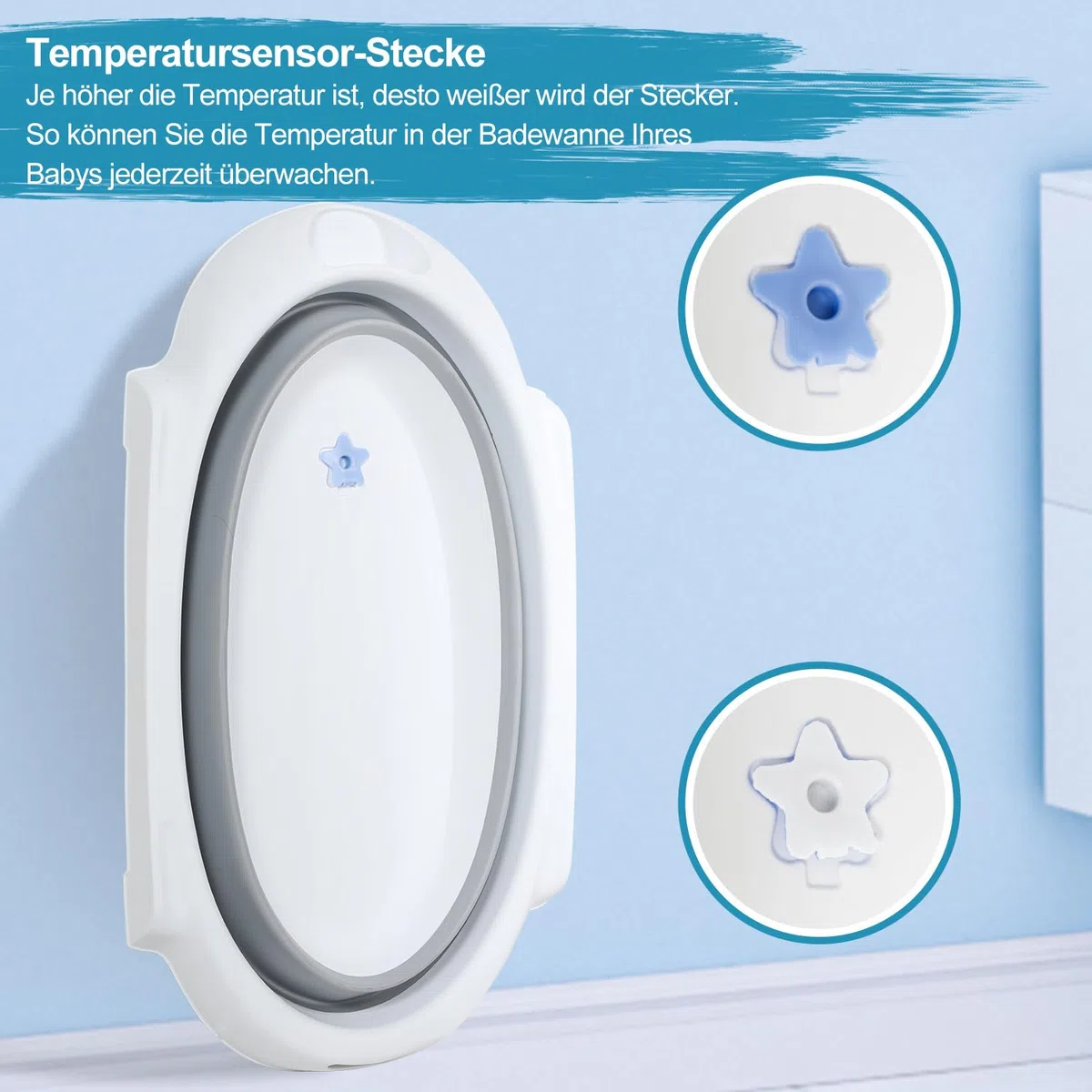 Baby Badewanne mit Gestell faltbare Babywanne Baby Wanne platzsparend, Babybadewanne mit Badekissen, Ablaufschlauch, Temperaturanzeige Wasserstopfen, stabile faltbare Badewanne Grau