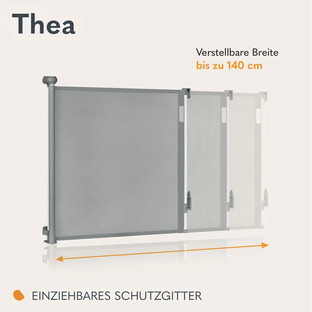 Lionelo Thea Treppenschutzgitter Ausziehbar für Babys, Hunde bis 140 cm | Türschutzgitter Kindertreppenschutzgitter Schutzgitter ohne Schwelle Doppelverriegelung UV-Schutz, 3 Montagesets Stabi