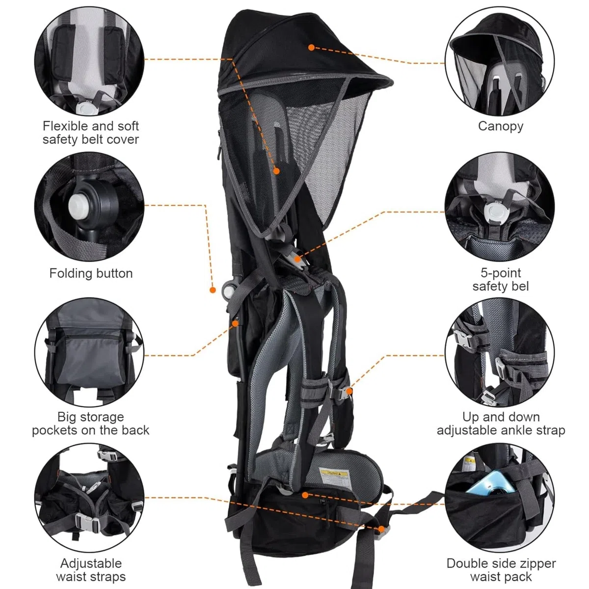 Babytrage zum Wandern – Ergonomischer Rucksack mit verstellbaren Trägern, leicht und faltbar, integrierter Sonnen- und Regenschutz, freihändige Kleinkindtrage – Schwarz