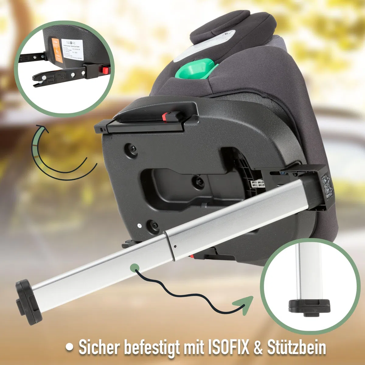 FableKids NORA Kindersitz Grau | 360° drehbarer i-Size Autokindersitz 40–150 cm | Reboarder mit ISOFIX & Stützbein | höhenverstellbare Kopfstütze & Rückenlehne | ECE R129/04 zertifiziert