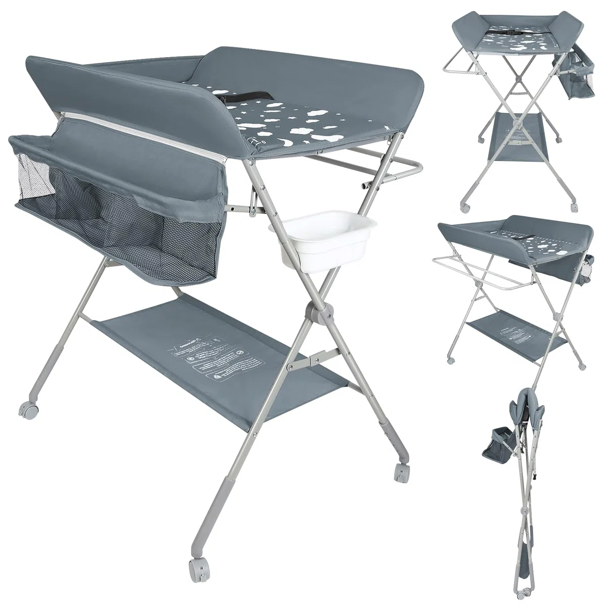 homewell Wickeltisch, Baby Wickelkombi Faltbar Tragbar, Höhenverstellbar, Klappbare Wickelkommode mit Aufbewahrungskorb und 4 Rollen, Platzsparend & Stabil (Dunkelgrau)