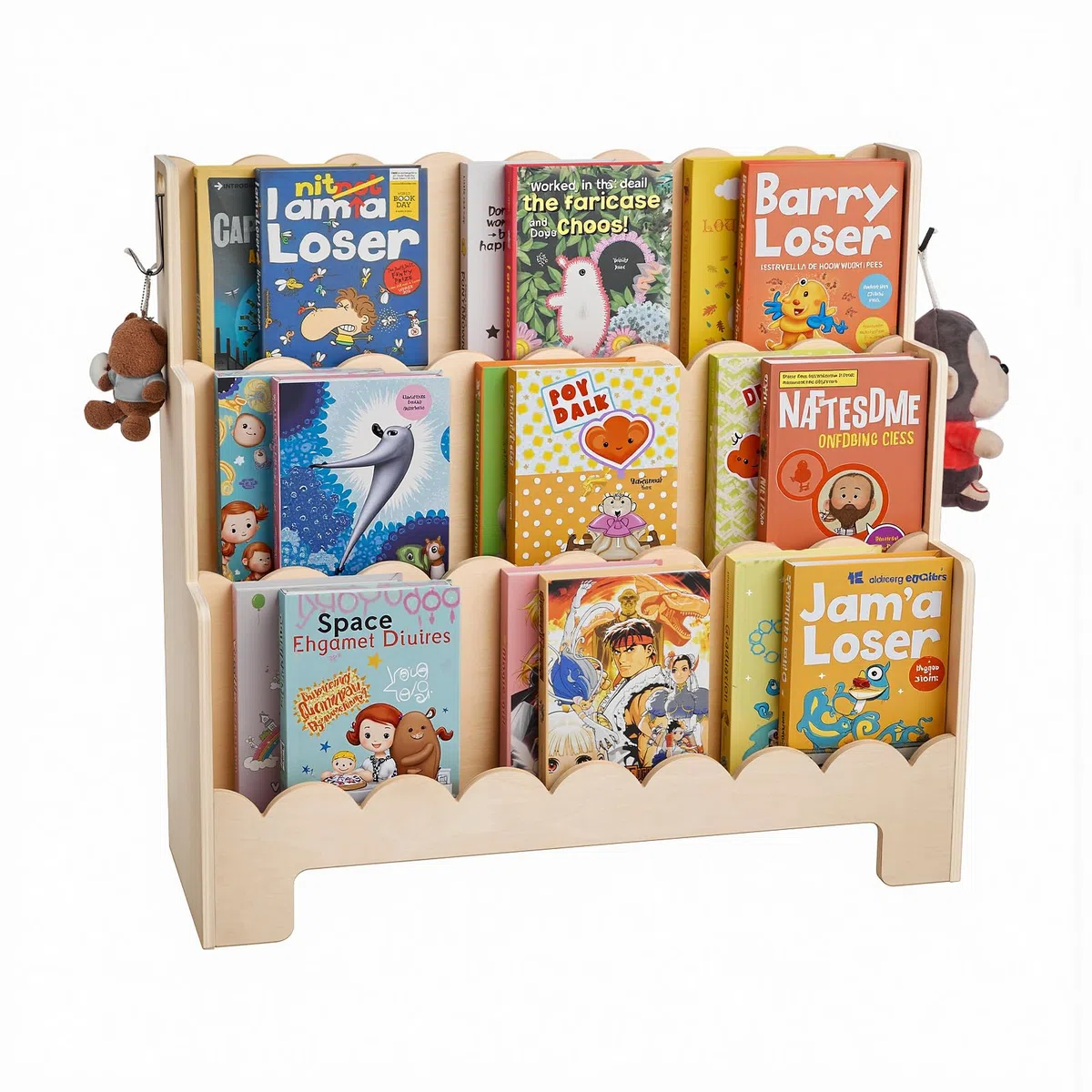 VEVOR Montessori Bücherregal 3-stöckiges Kinderbücherregal mit Wellenschliff, nach vorne gerichtetes Büchergestell mit Doppelhaken, Babybücherregal Kinderzimmerregal für Vorschule Kindergarten