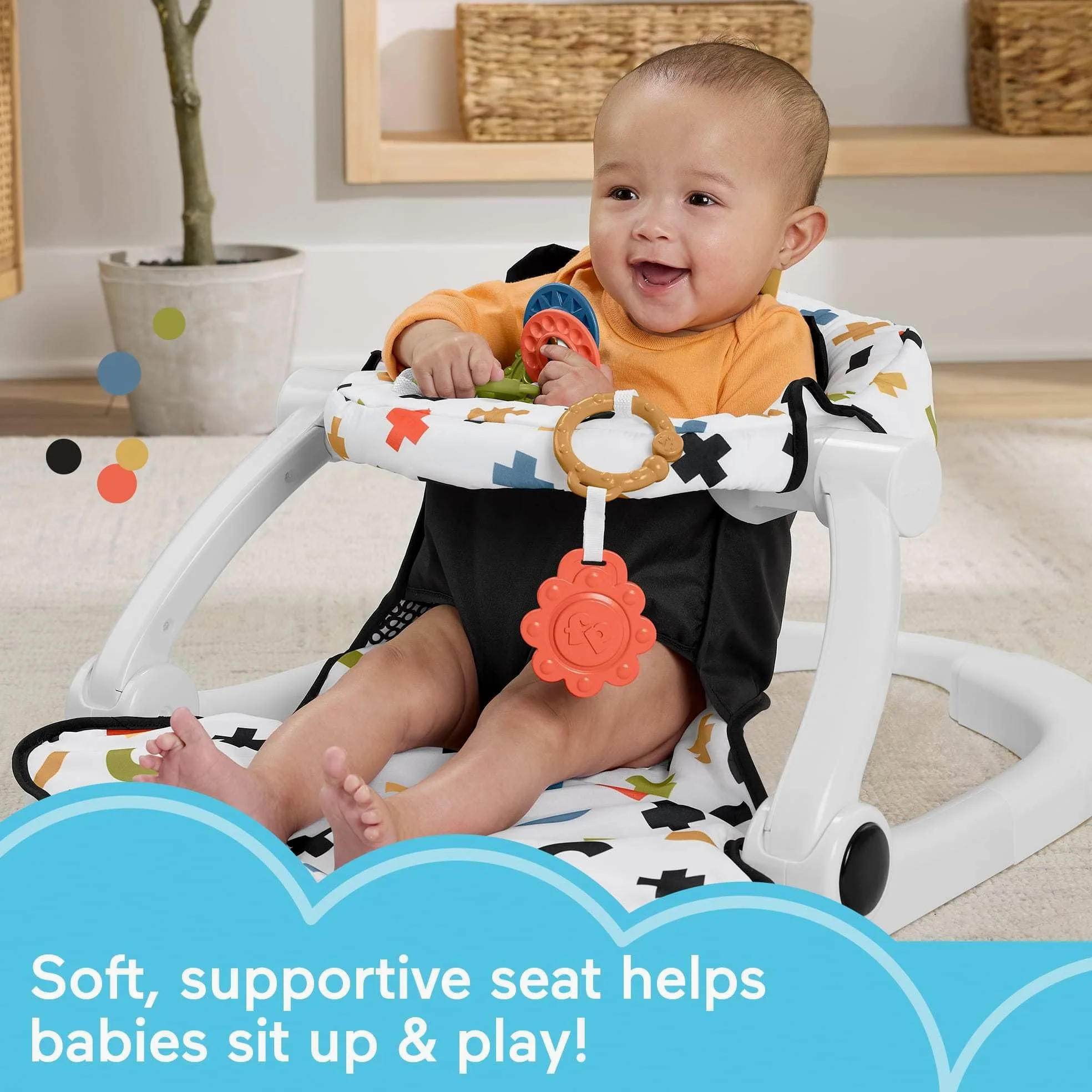 Fisher-Price Tragbarer Babystuhl, niedlicher Kuh-Sitz, Bodensitz mit BPA-freiem Beißring und Klacker, Entwicklungsspielzeug für Neugeborene