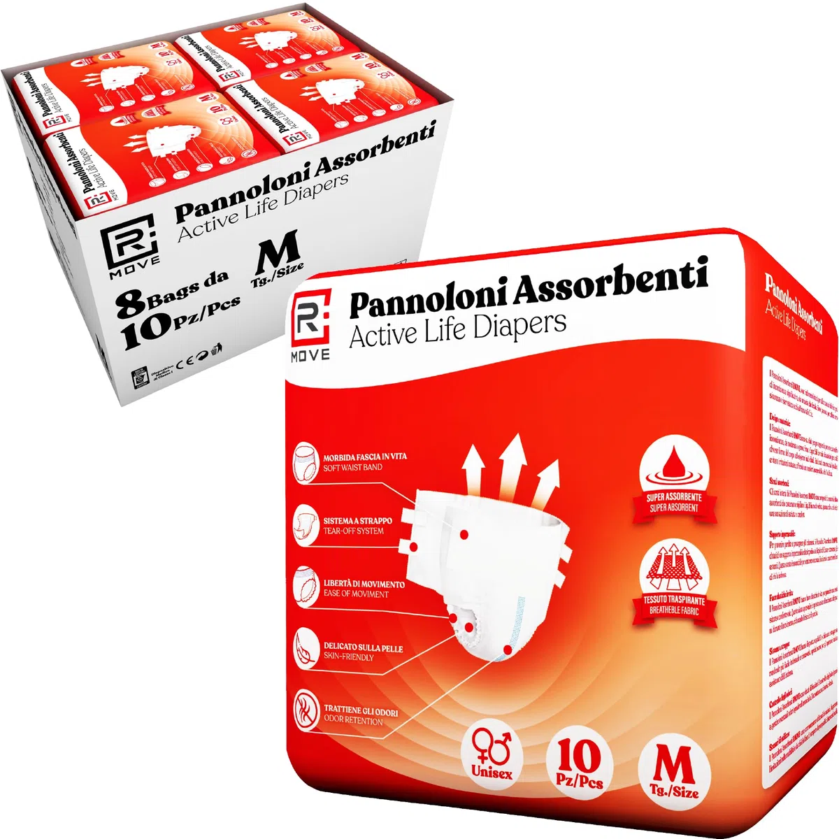 RMOVE 80 Windeln für Senioren M, saugfähige Windeln für Erwachsene, 8 Packungen mit 10 Windeln für ältere Menschen, super saugfähig (8 Packungen, M)