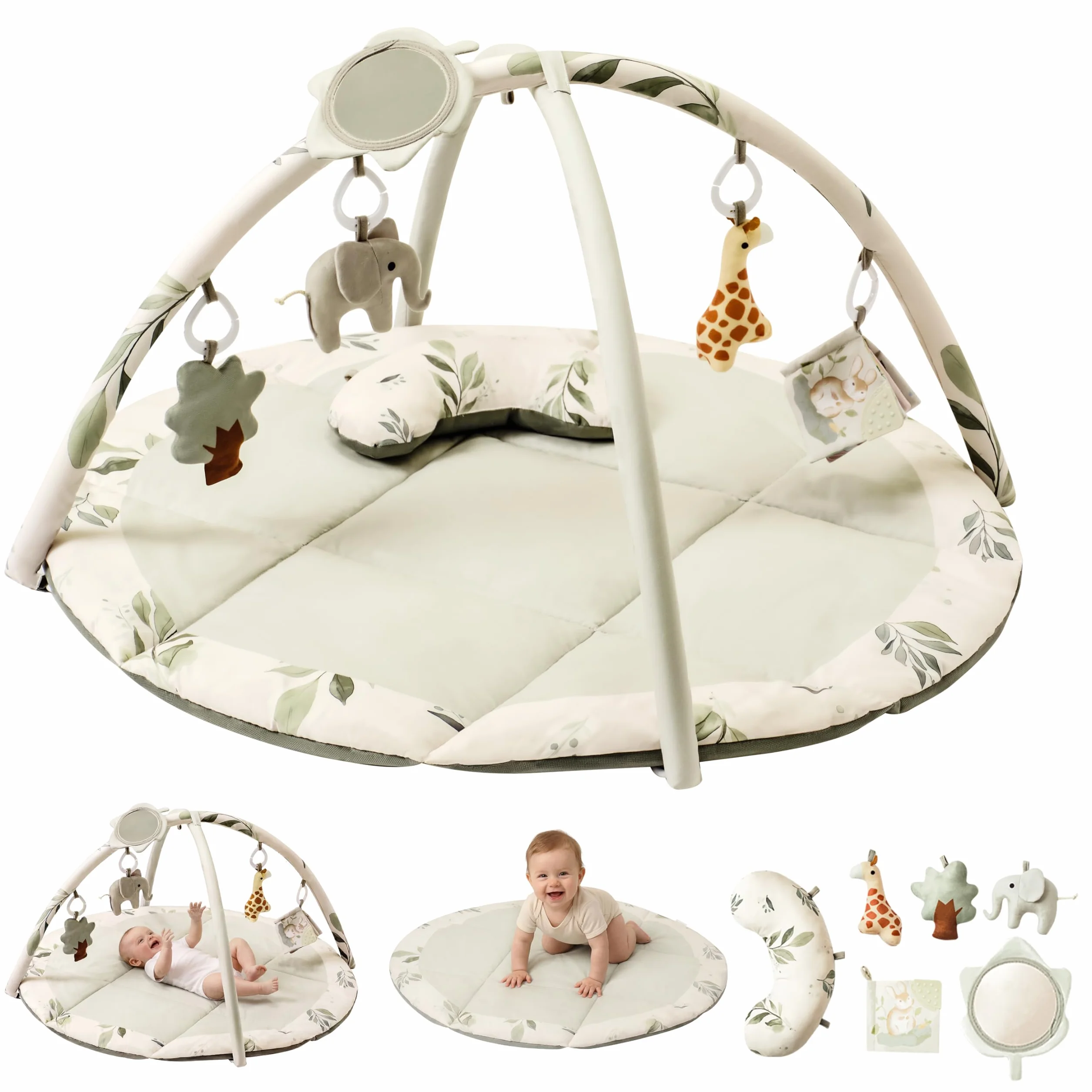 Fortella Spielbogen Baby, Spielmatte mit Bauchzeit Kissen und 5 Sensorik Spielzeug Abnehmbarem,Naturthemen Krabbeldecke für Babys ab der Geburt, Neugeborene & Kinder, 0-6-9-12 Monate-Salbeigrün