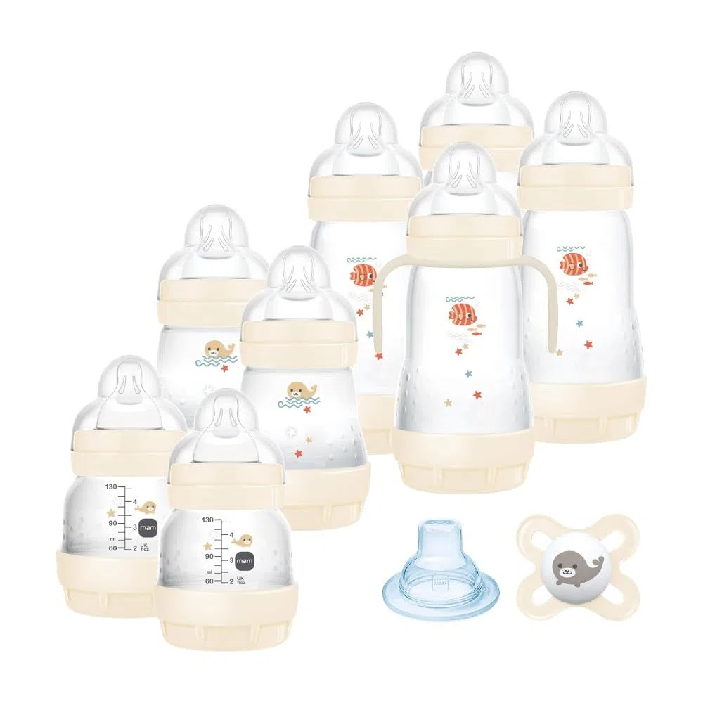 MAM Easy Start Anti-Colic Set | Babyflaschen-Set für Neugeborene | 94% Akzeptanz | 80 % weniger Koliken | 8 Flaschen (130, 160, 260ml), 1 Start Schnuller, 1 Griff, 1 Trinkschnabel | 0+ Mon | beige