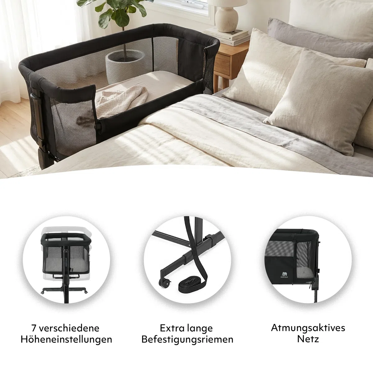 Deryan Snoozy Co-Sleeper 3 in 1 Babybett bis 9 kg, Beistellbett, Wiege, Höhenverstellug und Einstellung der Neigung der Matratze, 4 Räder mit Bremse Ergonomische Matratze Tasche (Schwarz)