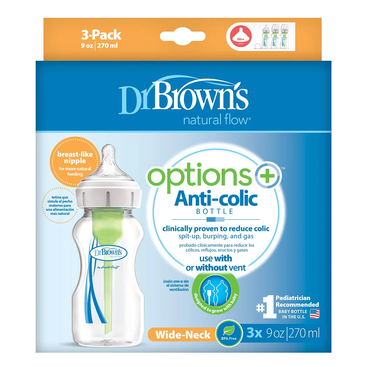 Dr Brown's Options+ Anti-Kolik-Babyflaschen mit weitem Hals, 3 Stück
