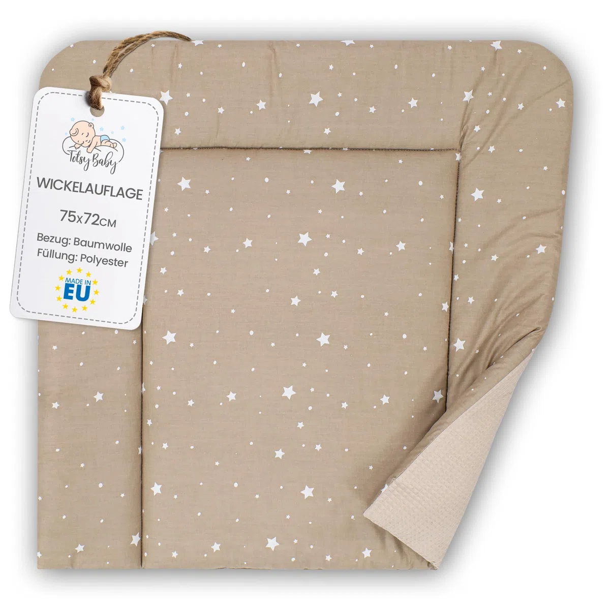 Wickelauflage Wickelunterlage aus Baumwolle 75x72 cm - Weich und waschbar Wickelunterlage für Babys Wickelmatte aus Stoff für Wickeltisch Wickelkommode Waschmaschine Oeko-Tex Beige mit Weiß Sternen