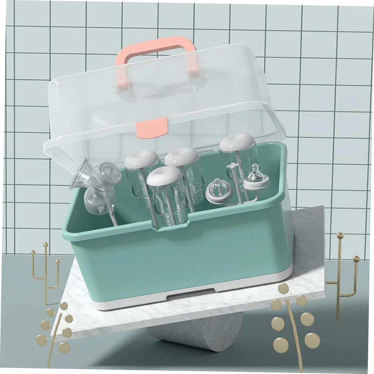 Hohopeti Babynahrungsflaschen Trockengestell mit Deckel Küchenorganizer für Babyflaschen und Zubehör Aufbewahrungsbox mit Abtropfschale Praktischer Flaschenhalter für Stillzubehör Grün