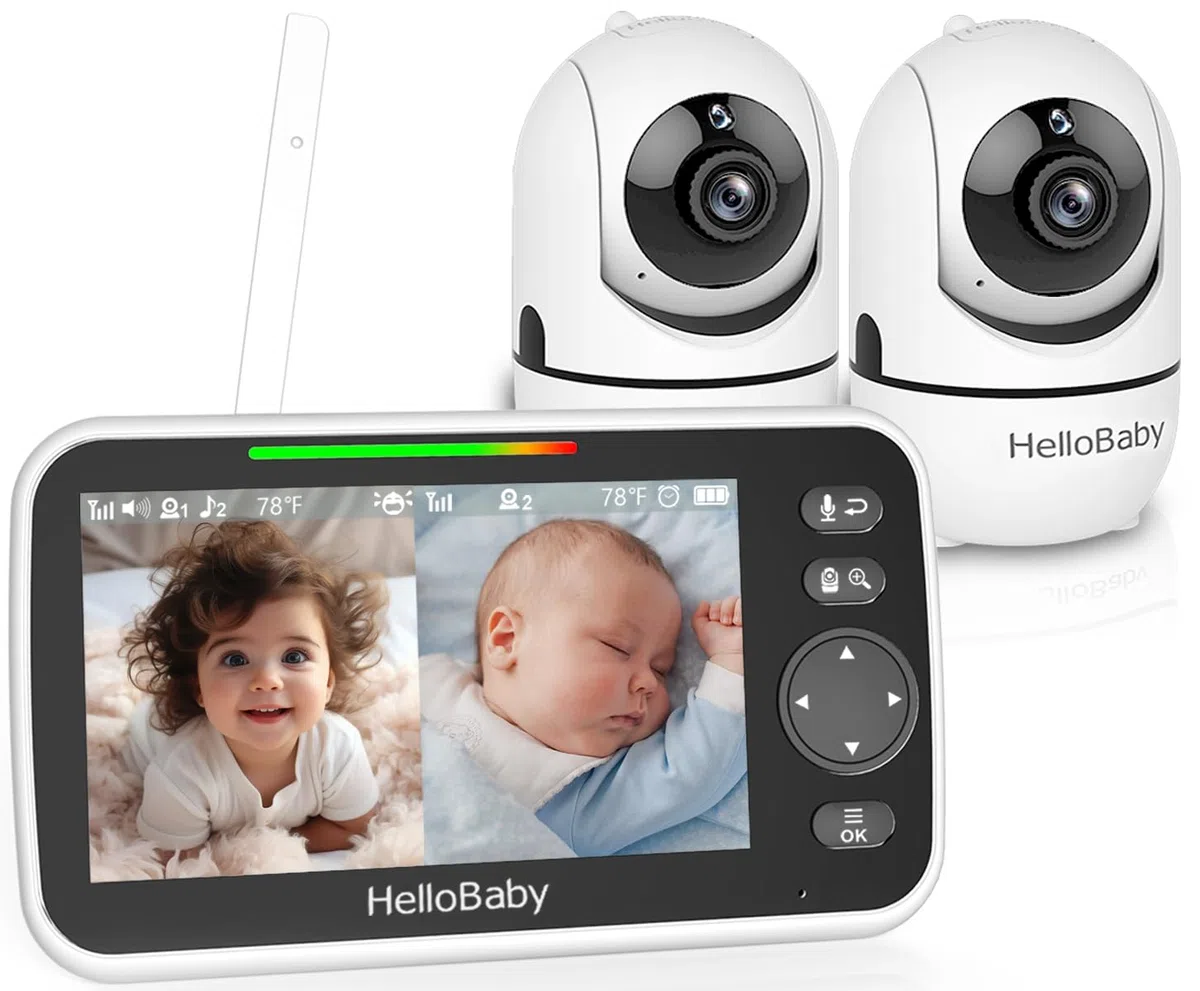 HelloBaby Babyphone mit 2 Kameras, 3500 mAh Akku, 5" Geteilter Bildschirm, 355°/120° Schwenken-Neige Babyphone, Kein WLAN, ECO, 2 Wege Audio, Nachtsicht, 8 Schlaflieder
