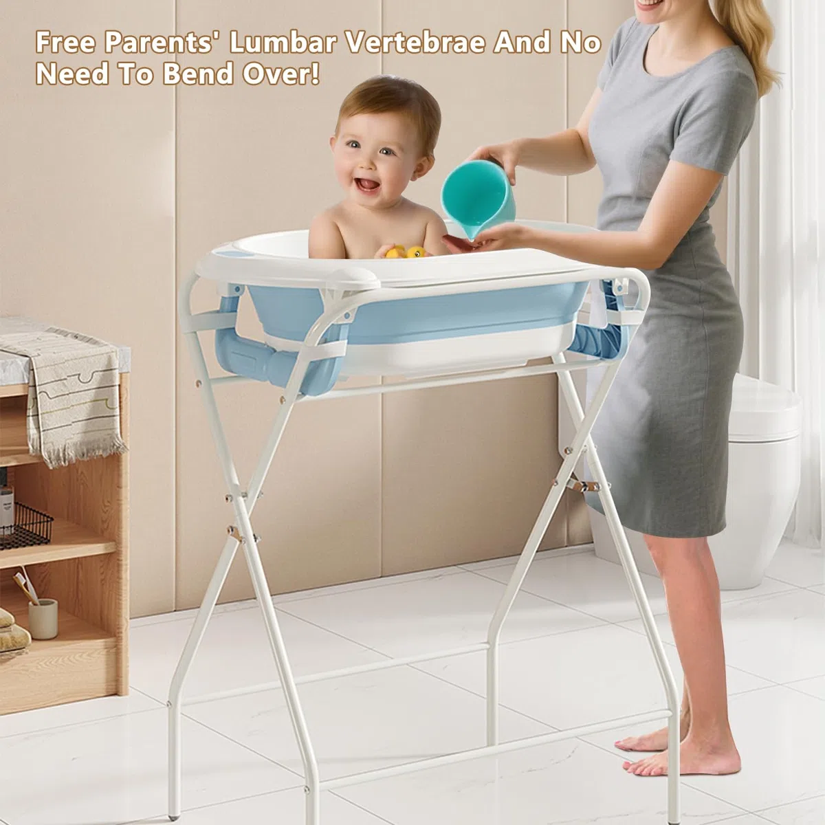 faltbare Babybadewanne mit Gestell, Wasserthermometer & Stützkissen, ergonomische Wanne für Neugeborene bis 12 Monate (Blau)