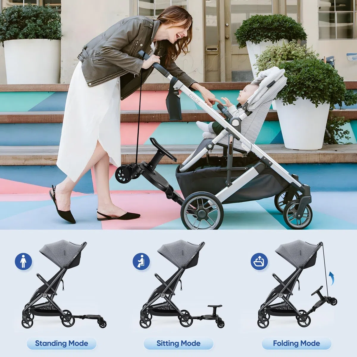 Buggy Board mit Sitz, Buggy Board für alle Kinderwagen, Trittbrett Mitfahrbrett universal, Kiddy Board für Kinder von 2-6 Jahren, Bearing 25KG (Schwarz)