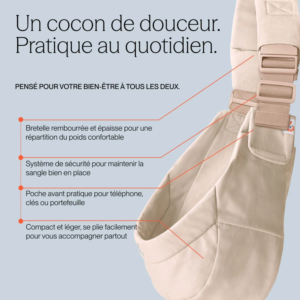 Ergobaby Upsie Sling Babyhüfttrage, Ergonomische Hüfttrage für Babys und Kleinkinder ab 6 Monaten (7,7-20,4 kg), spontanes Wechseln zwischen Laufen und Getragenwerden, Natural Beige