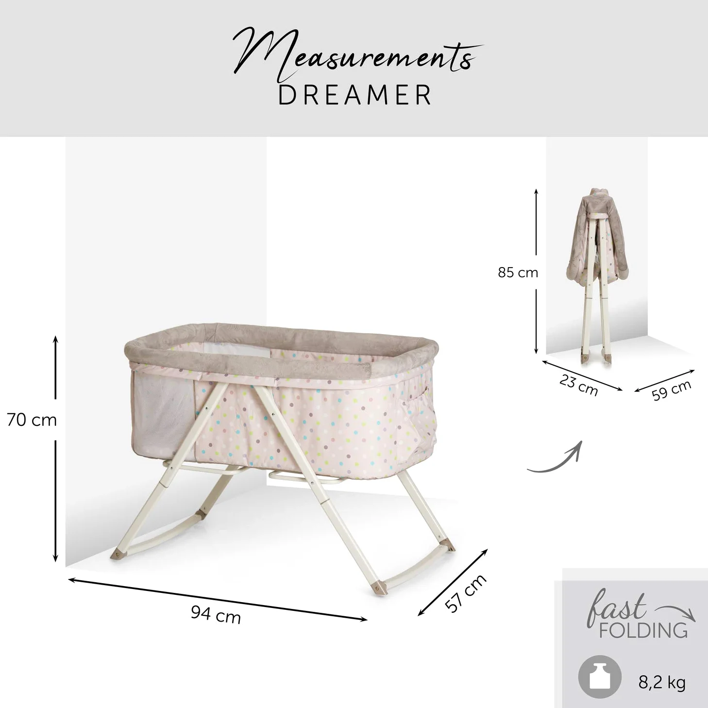 hauck Babybett Dreamer mit Matratze für Babys ab Geburt bis 9 kg, Babywiege mit Schaukelfunktion und Utensilientasche, Netzfenster, Einhändig Faltbar und Tragbar (Multi Dots Sand) | faltbarer Stubenwagen mit Schaukelfunktion, Matratze & Tasche