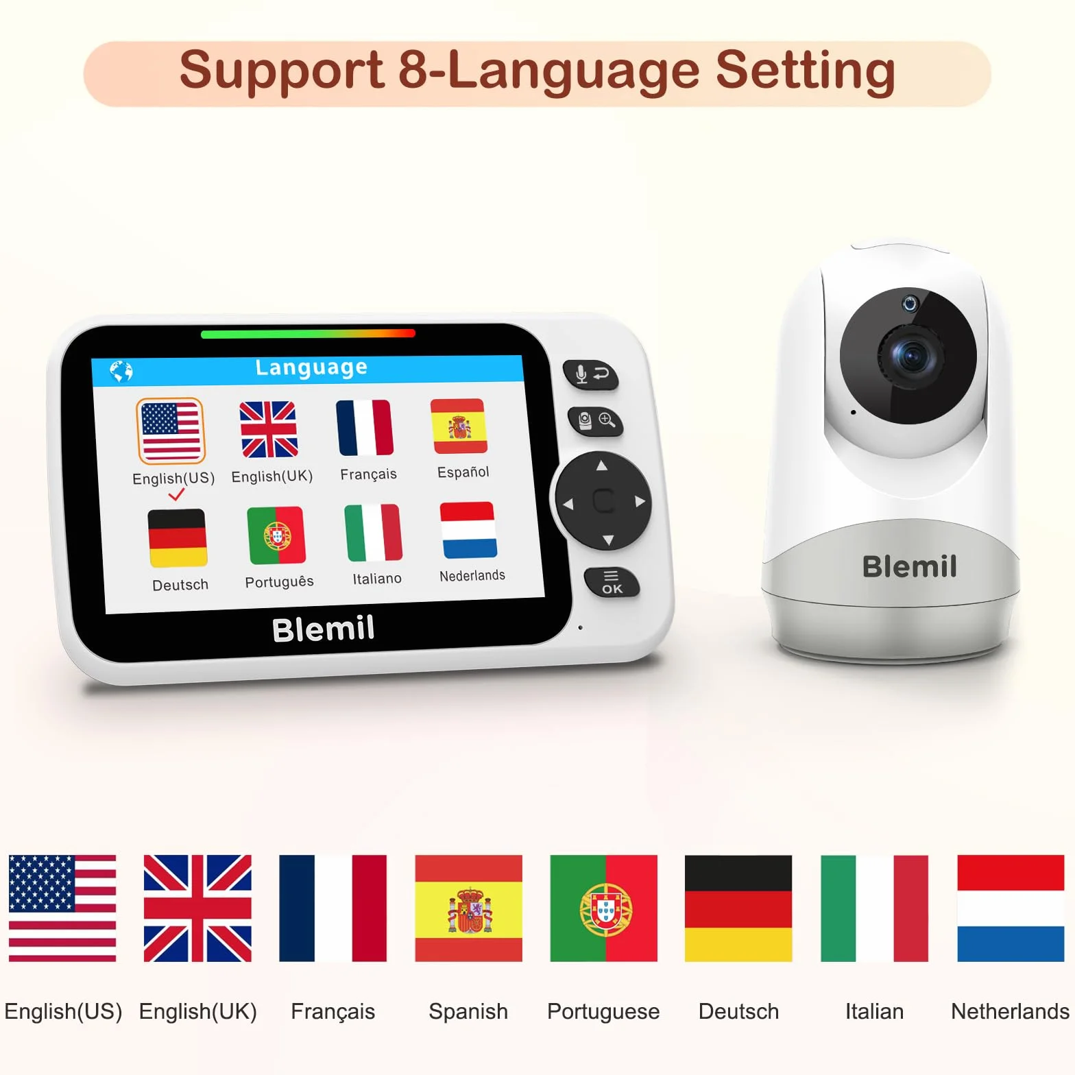 Blemil Babyphone mit Kamera und Audio 30 Stunden wiederaufladbare Batterie, 5" großer Bildschirm, ferngesteuerte Schwenk-/Neige-/Zoom-Kamera, Zwei-Wege-Gespräch, Nachtsicht, kein WiFi