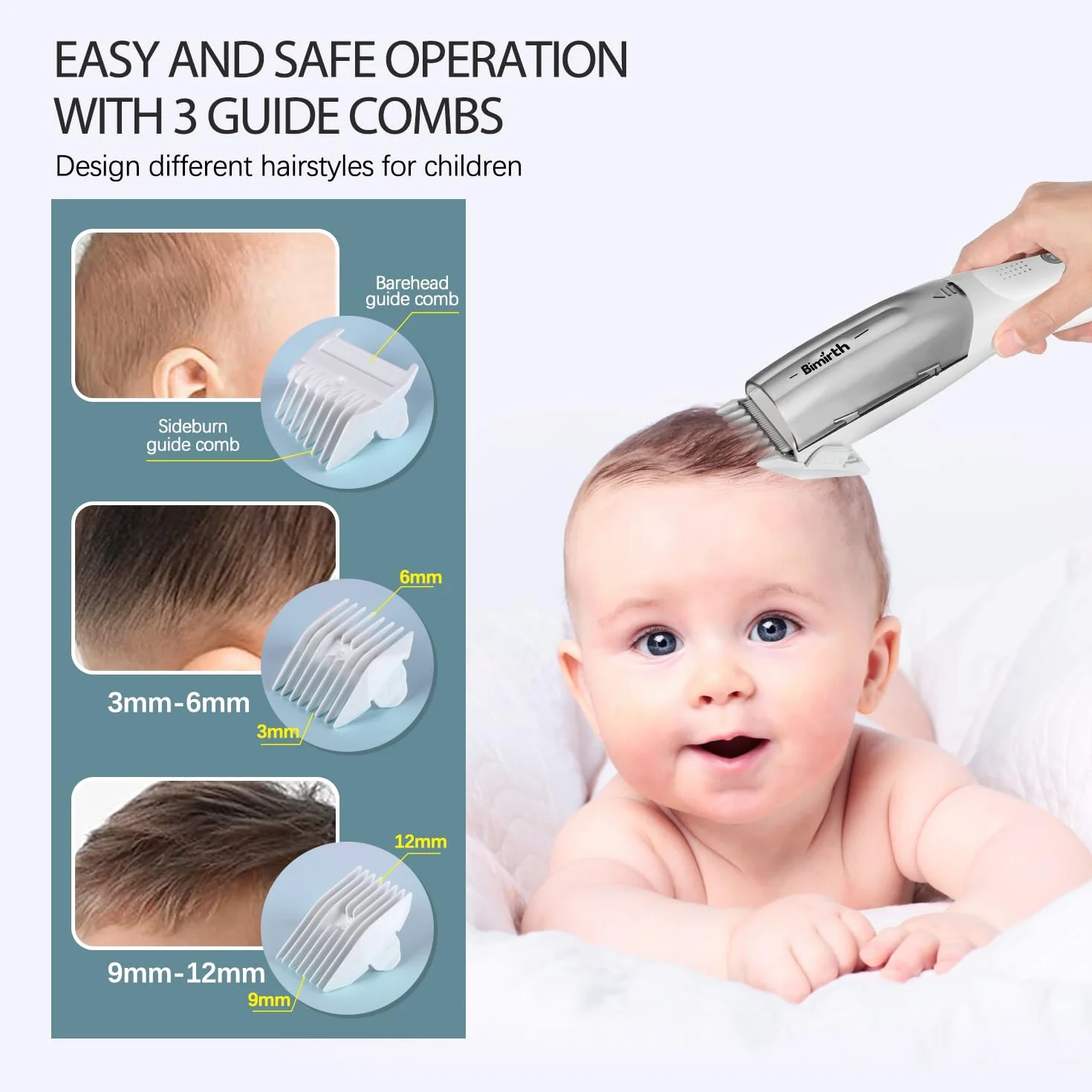 Bimirth Baby Haarschneider - Leise, Wasserdicht Schnurloser Kinder Haartrimmer mit Vakuum, USB Wiederaufladbar, 3 Führungskämme, Sicheren Keramikklingen und Tasche