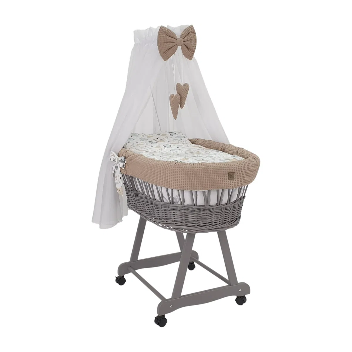 Wiklinopol Stubenwagen aus Weide mit Baldachin und Gestell Lena – Moseskorb in Grau, Komplettset mit 5-TLG. Waffel-Bettwäsche Kaninchen Beige – Mit Rollen, Tragbar, Sicher