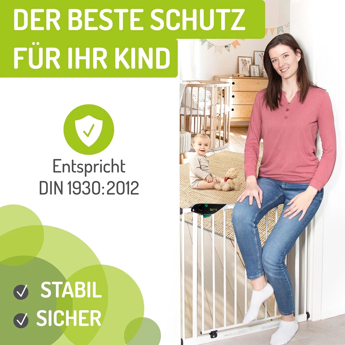 BOMI Türschutzgitter Mira | Extra Hoch | Ohne Bohren | Schließt automatisch | Tuerschutzgitter weiß Metall Selbstschließend | Treppengitter zum Klemmen für Baby | Breite: 73-81 cm
