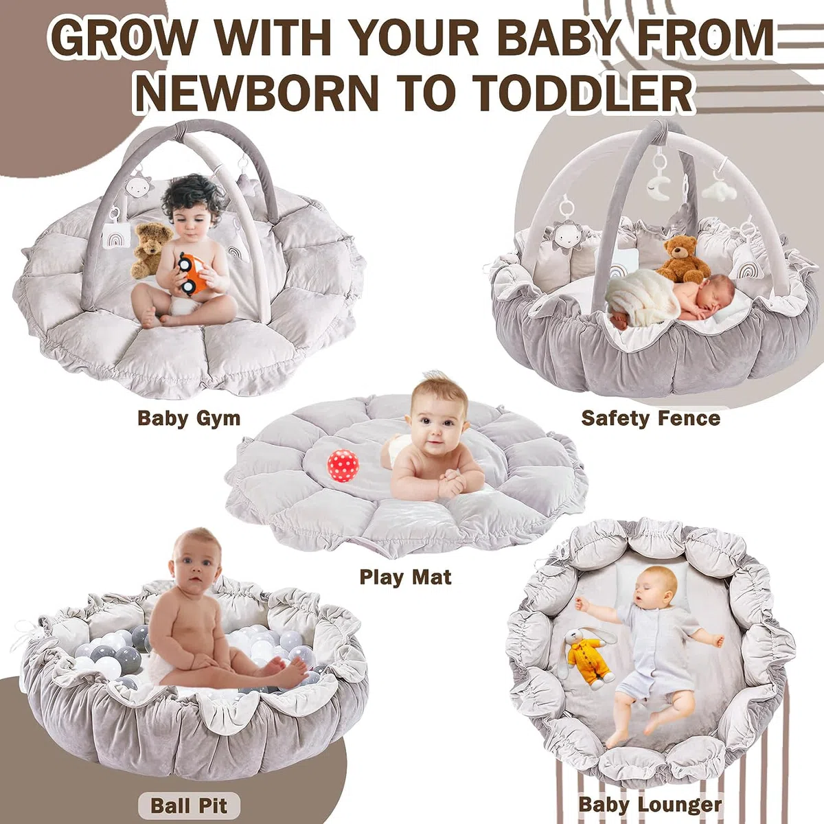 5-in-1 Baby Spieldecke,Krabbeldecke für Baby Spielmatte, Krabbelmatte mit Spielbogen 5 abnehmbarem Babyspielzeug, ab der Geburt