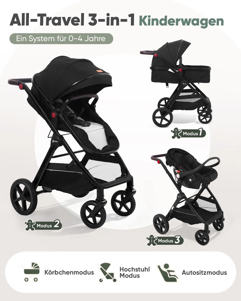 Sekey Kombi Kinderwagen Baby 3 in 1 Komplettset mit Regenschutz und Moskitonetz, Kinderwagen mit Liegefunktion bis 25kg, 0 bis 4 Jahre, 4-Rad-Federung, 5 Punkt-Gurt mit Reflektor, BW600, Schwarz