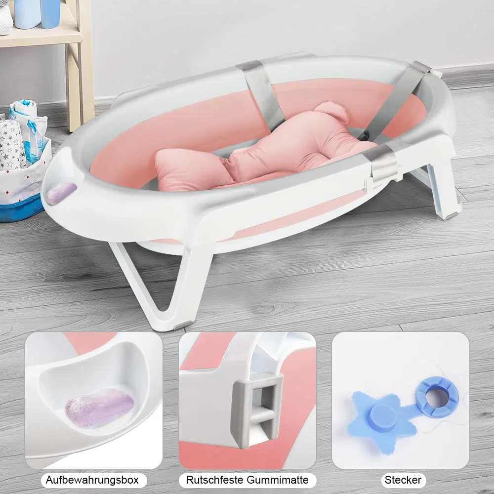 OHMG Baby Badewanne mit Gestell 82cm,Faltbare Babybadewanne mit Rutschfestem Ständer,Baby Wanne,Badewanneneinsatz Baby für Neugeborene Kleinkinder,Groß Volumen (Rosa-66x61x82cm)