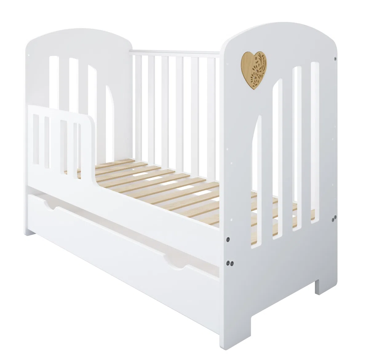 Heart Babyzimmer Set Weiß 2in1 Babybett 120x60 mit Schublade Umbaubar zum Juniorbett + Wickelkommode mit Wickelaufsatz Skandinavisches Design Herz Natur