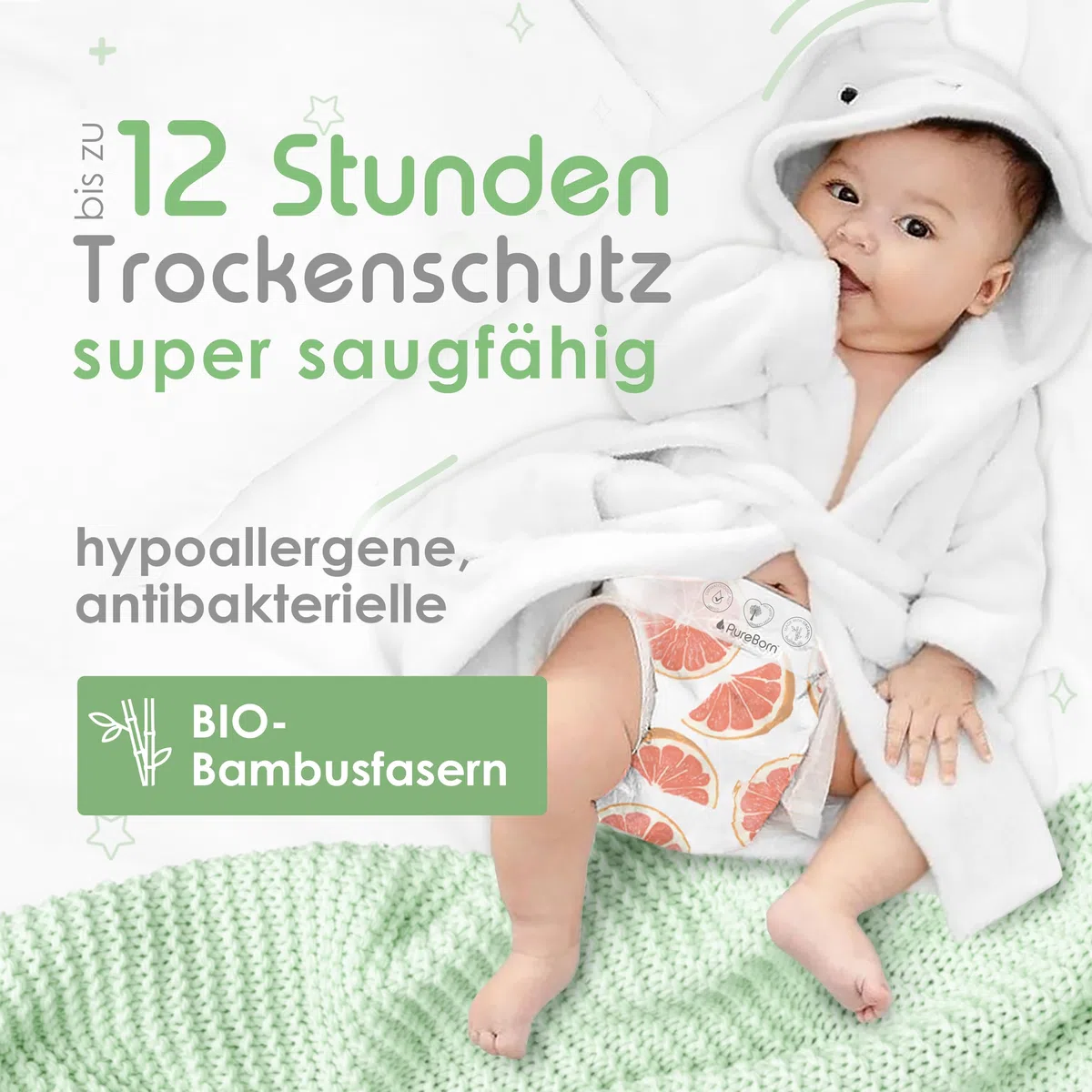 PureBorn 88 Windeln Größe 5 (7-12 kg), Ultra-Saugfähig, Hypoallergen, Weich & Sanft für Babys (12-24 Monate), Dermatologisch Getestet, Auslaufsicher, Umweltfreundlich aus Bambus