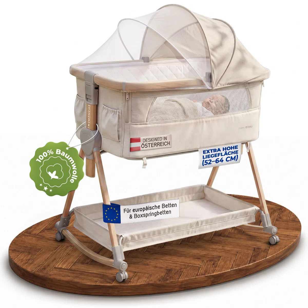 mimi kalu® Beistellbett Baby mit Rollen für Boxspringbett & europäische Standardbetten – 4-in-1 Baby Bett, Stubenwagen, Reisebett & Babywiege – höhenverstellbar