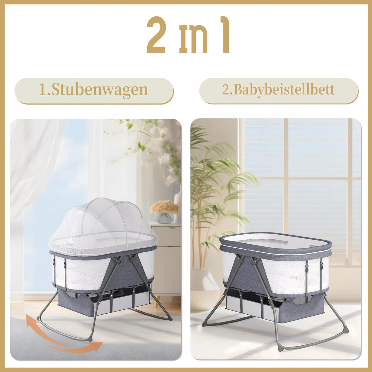XJD Baby Beistellbett, 2 in 1 Babybett klappbar, Stubenwagen mit Aufbewahrungskorb, Reisebett mit weich Matratze, Transporttasche, Moskitonetz, Babywiege für 0-6 Monate, von Geburt bis 10 kg, Grau