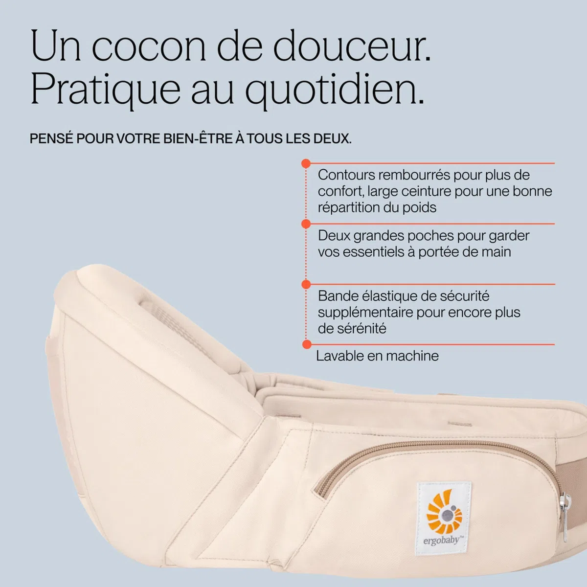 Ergobaby Lift Hip Seat Babytrage mit Babyhüftsitz für Babys und Kleinkinder ab 6 Monaten (7,7 kg - 20,4 kg), Hüftsitz Trage Hüfttrage, Pearl Grey