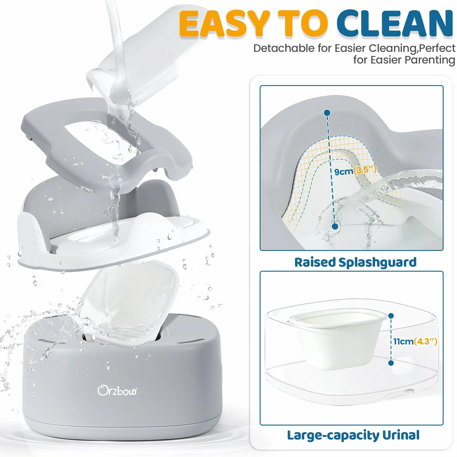 Orzbow Töpfchen für Kinder, 3-in-1 Toilettensitz Kinder mit Tritthocker, Verstaubar Kindertoilette mit Spritzschutz, Einfaches Design, Leicht zu Reinigen, Glatt und Gratfrei, Grau
