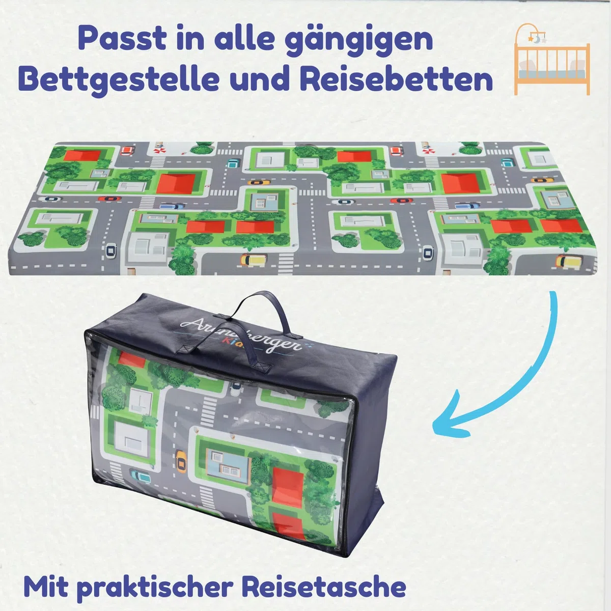 Arensberger Reisebett Matratze für Kinderbetten, Kinderreisebett 60x120 cm, 6cm Hoch, faltbar klappbar, Gelschaum, waschbarer Bezug, Tragetasche, Babybettmatratze, Babymatratze Kindermatratze, Öko-Tex