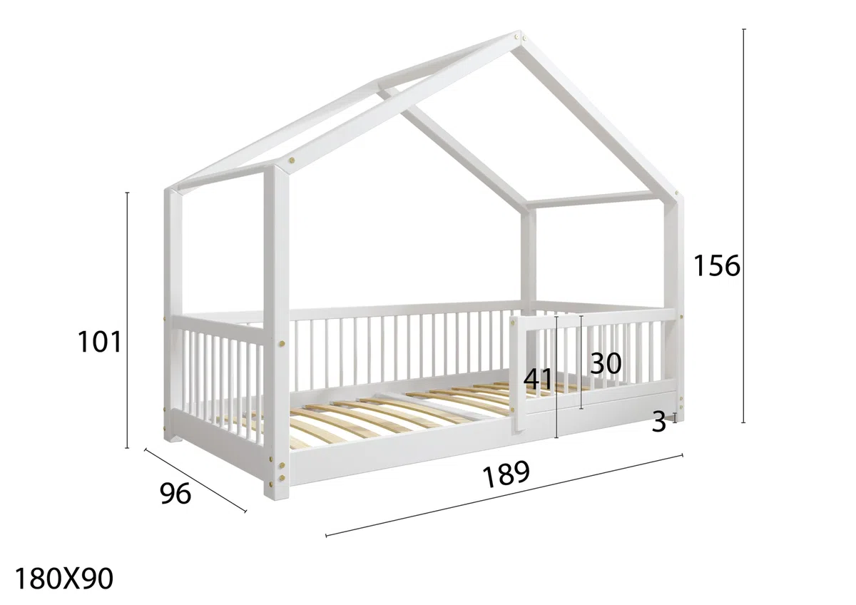 TIMBEE MURLO - Kinderbett Holz - Hausförmig mit Sprossen - Solide Konstruktion aus Naturholz - Langlebig und elegant - Weiß - 90x180cm - 3cm Lange Beine