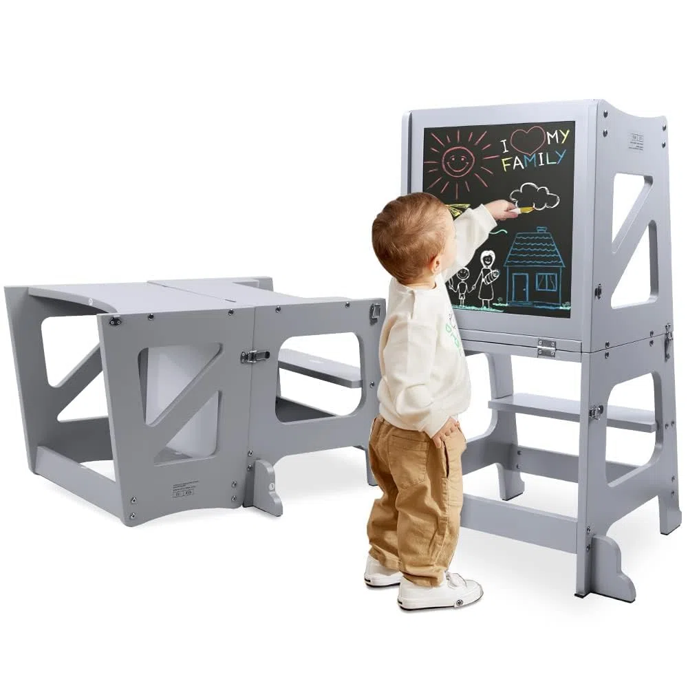 YOLEO Lernturm ab 1 Jahr, 3 in 1 Learning Tower für Kinder, Klappbare Tritthocker mit Rausfallschutz, mit doppelseitiger magnetischer Tafel, Küchen-/Badezimmerhelfer (Grau)