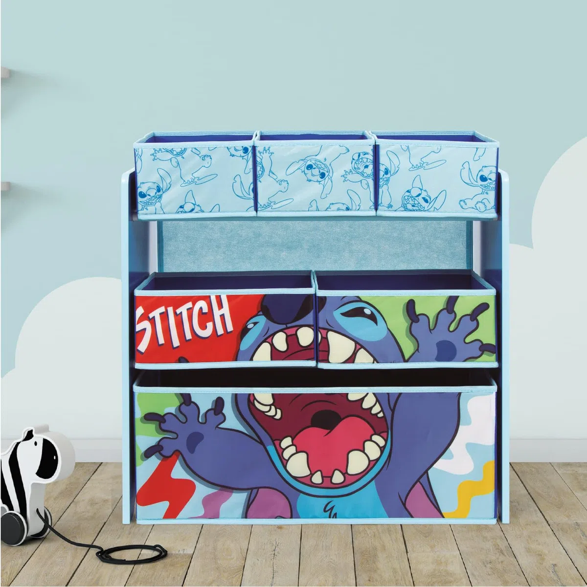 ARDITEX – Organizer aus Holz mit 6 Textilboxen mit Stitch-Motiv von Disney – 62x30x60 cm – Farbe Blau – Perfekt zum Aufbewahren von Spielzeug im Kinderzimmer