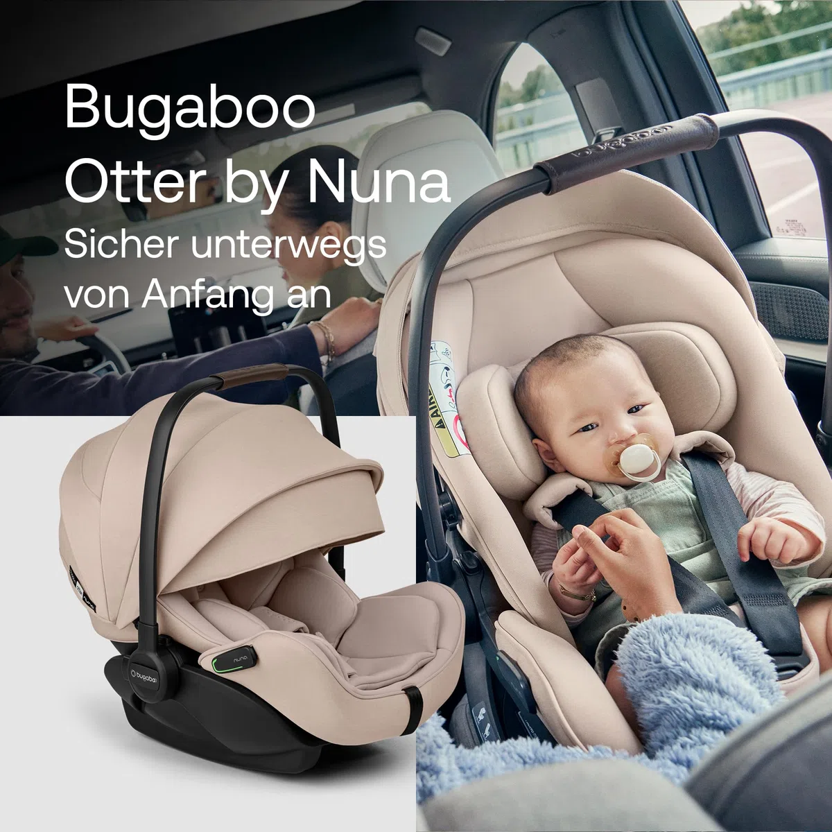Bugaboo Otter by Nuna, i-Size Babyschale ab Geburt, flache Liegeposition | UPF 50+ Sonnenverdeck und Memory-Schaum, kompatibel mit 360 Grad Isofix-Basis, von 0–15 Monaten, Desert Taupe Melange