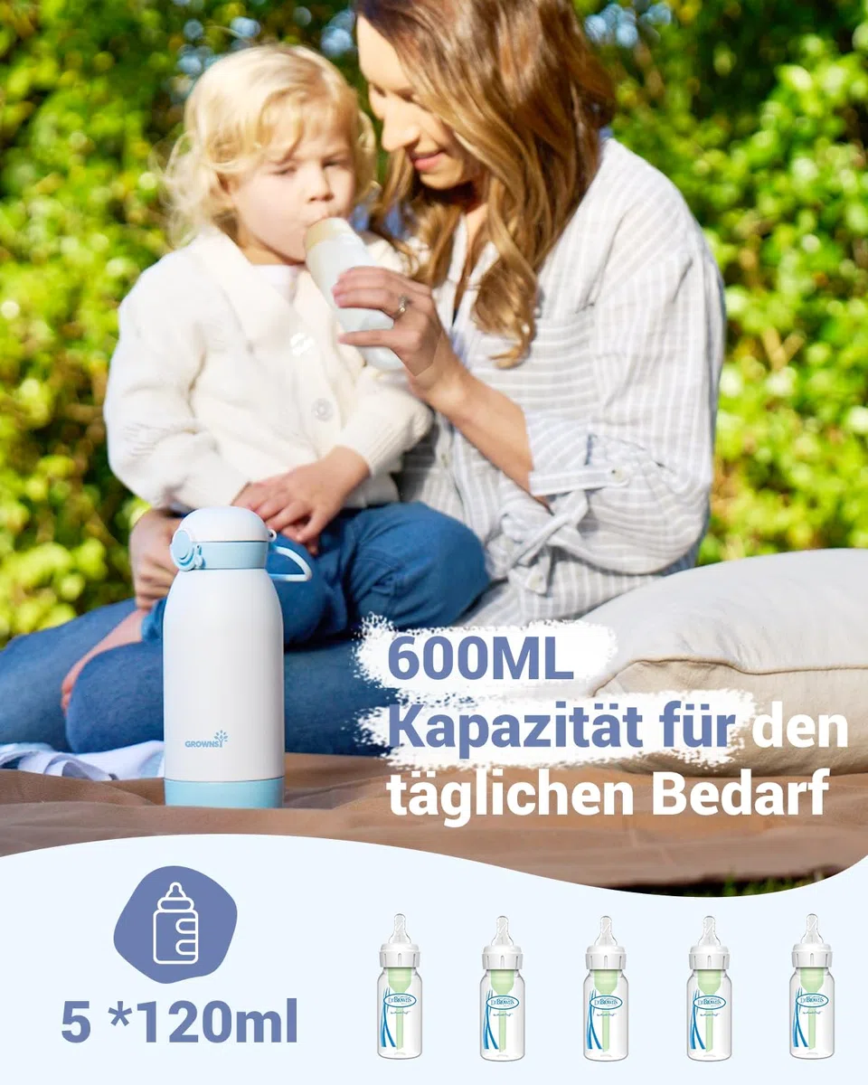 Grownsy Flaschenwärmer baby Unterwegs Schnellheizender babyflaschen wärmer mit 10000mAh Akku 600ML Kapazität und Präzise Temperaturkontrolle Tragbarer milchwärmer für Reise & Auto