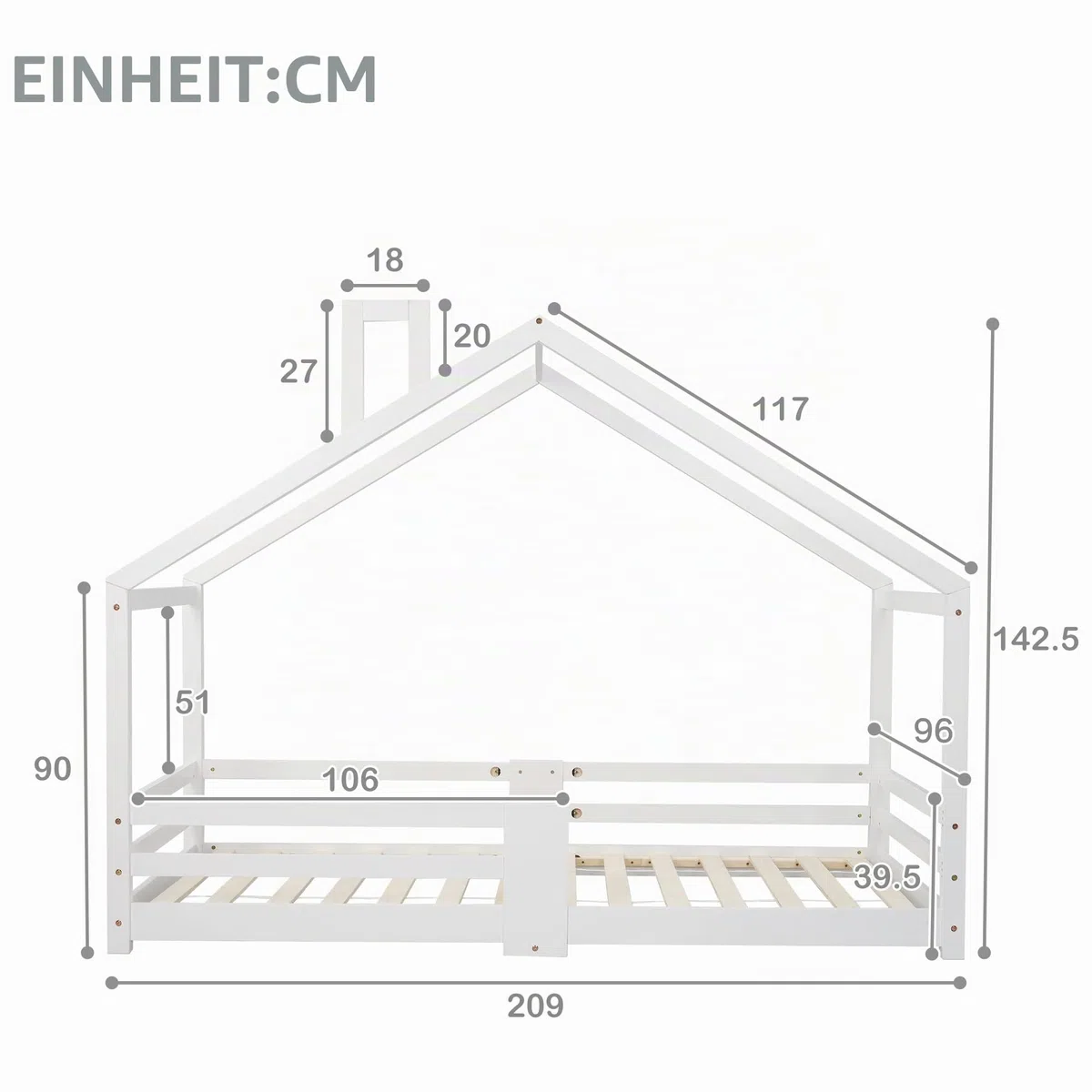 Kayan Kinderbett Hausbett mit Schornstein | Rausfallschutz| Robuste Lattenroste |Kiefernholz Haus Bett für Kinder, 90 x 200 cm (Weiß)