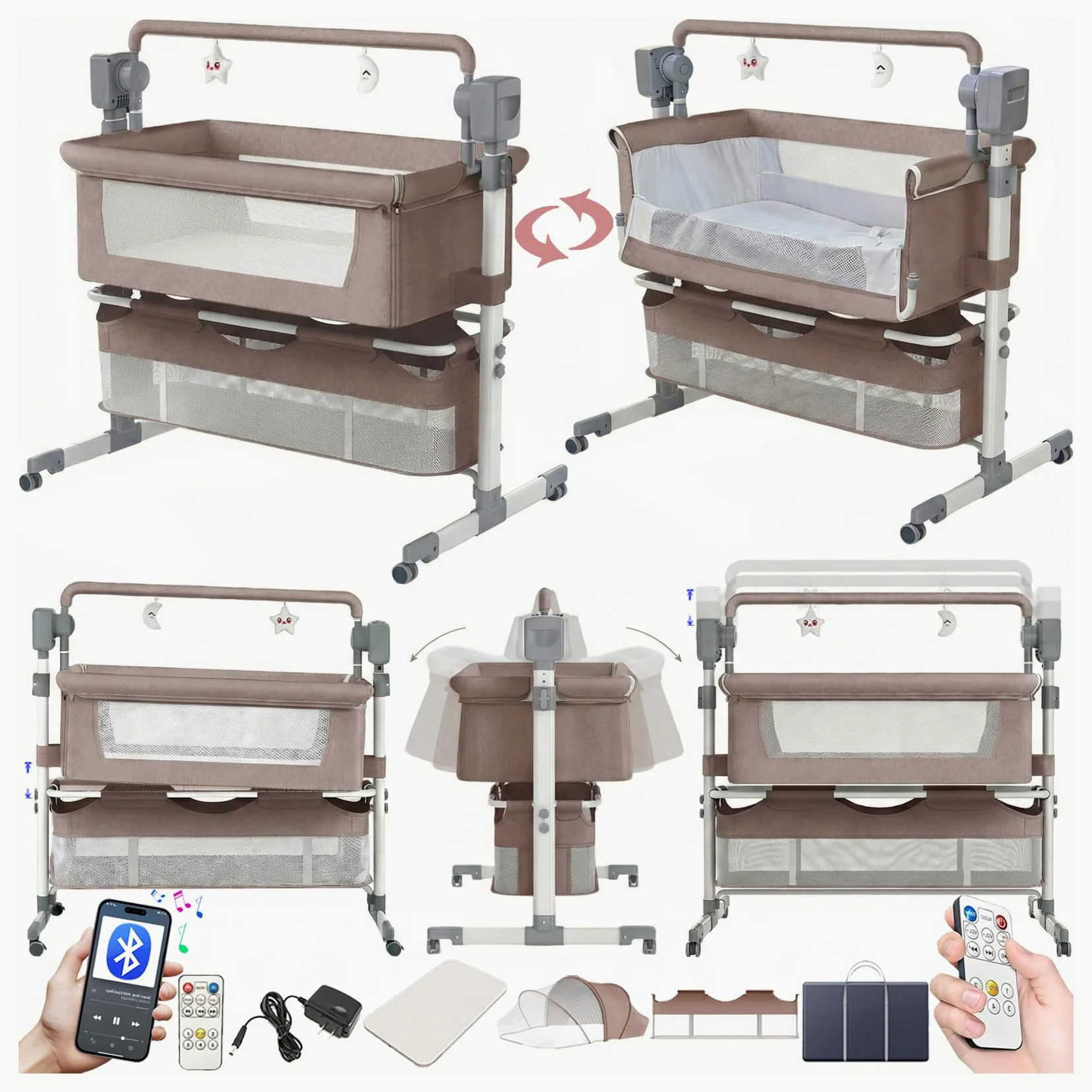 Magic ZC Elektrische Bluetooth Intelligent Beistellbett Baby mit Rollen, Faltbar Co-Sleeping Babybett, Fernbedienung und 5-schwankende Zahnräder, Stubenwagen Kleinkind Wiege mit Musik (601 Khaki)