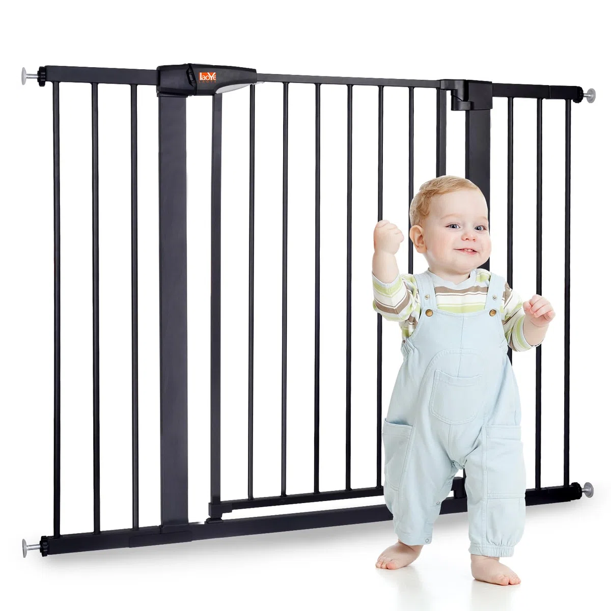 LAOYE Treppenschutzgitter ohne Bohren, Extra Hoch 92 cm, 75-124 cm, mit 3 Verlängerungen, Auto-Close & 90° Stopp - Schwarz