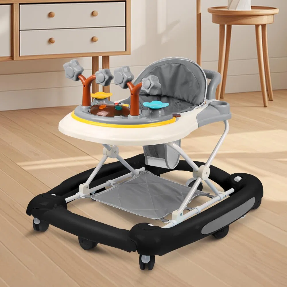 5-in-1 Lauflernhilfe für Babys, 5 Höhenverstellung und Klappbar, Gehfrei Babywalker ab 6 Monate, bis zu 20 kg mit Fußmatte+Schub+Sonnenschutz (Schwarz)