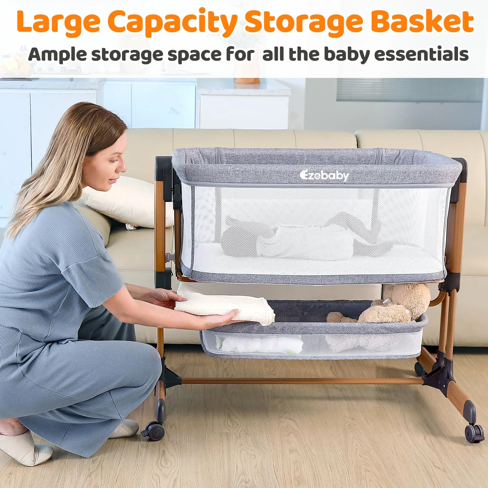 Ezebaby Beistellbett, 3 in 1 Babybett Babywiege für Neugeborene, Schaukelbettchen für Zuhause und Unterwegs mit Rädern Verstellbare 7 Höhen (Holzmaserung)
