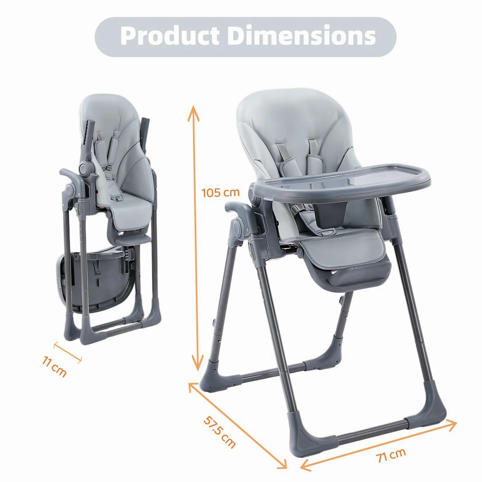 Baby Hochstuhl Klappbar & Höhenverstellbar, Komfort Kinderhochstuhl mit Liegefunktion, Faltbarer Hochstuhl mit Tablett, 5-Punkt-Gurt & Rollen, Platzsparend (Grau)