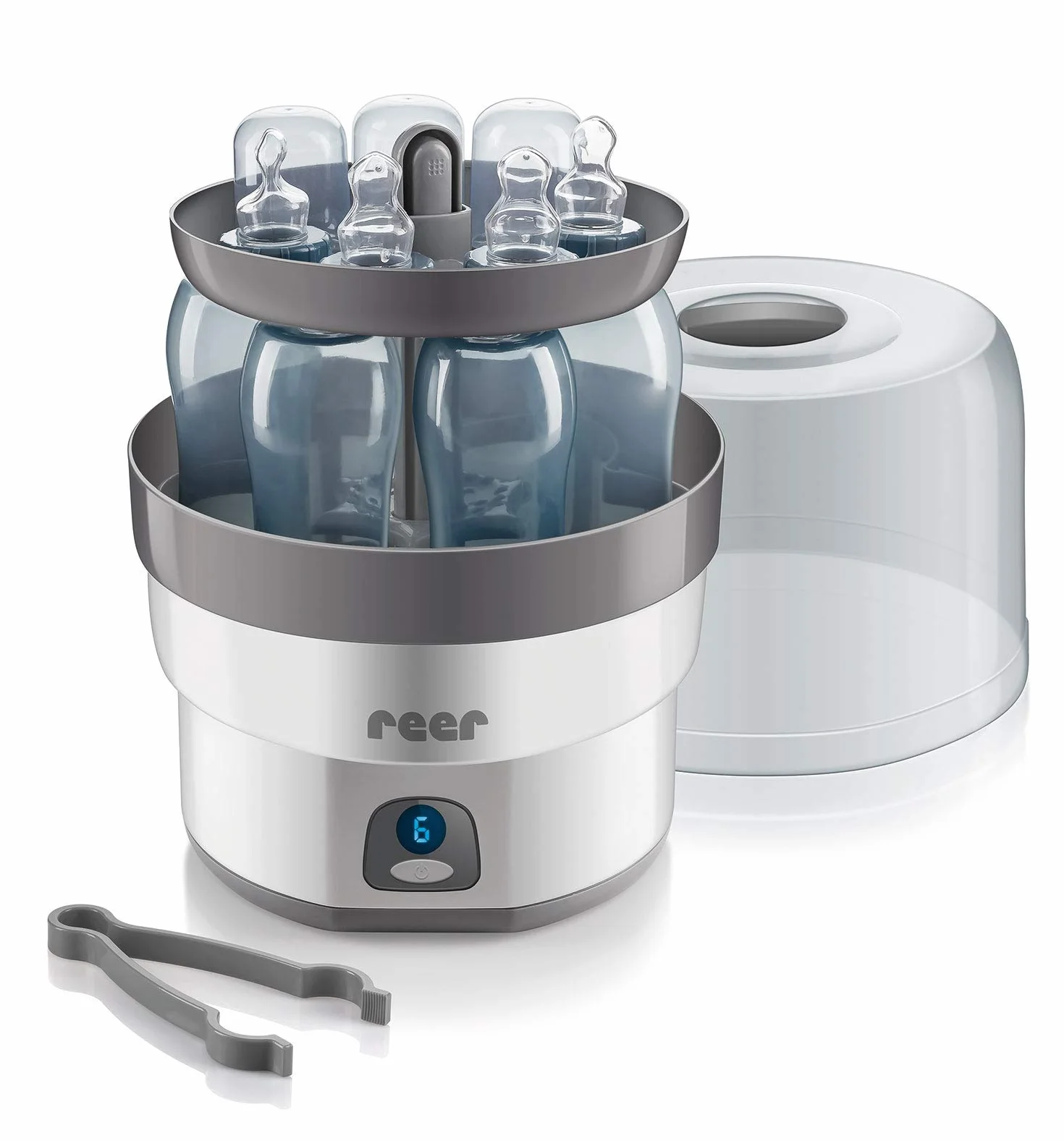 reer Vapomax Vaporisator | Babyflaschen Sterilisator, Dampfsterilisator für bis zu 6 Flaschen, Desinfektion von Babyfläschchen, Schnullern, Beißringen und Zubehör in nur 10 Minuten, ohne Chemikalien
