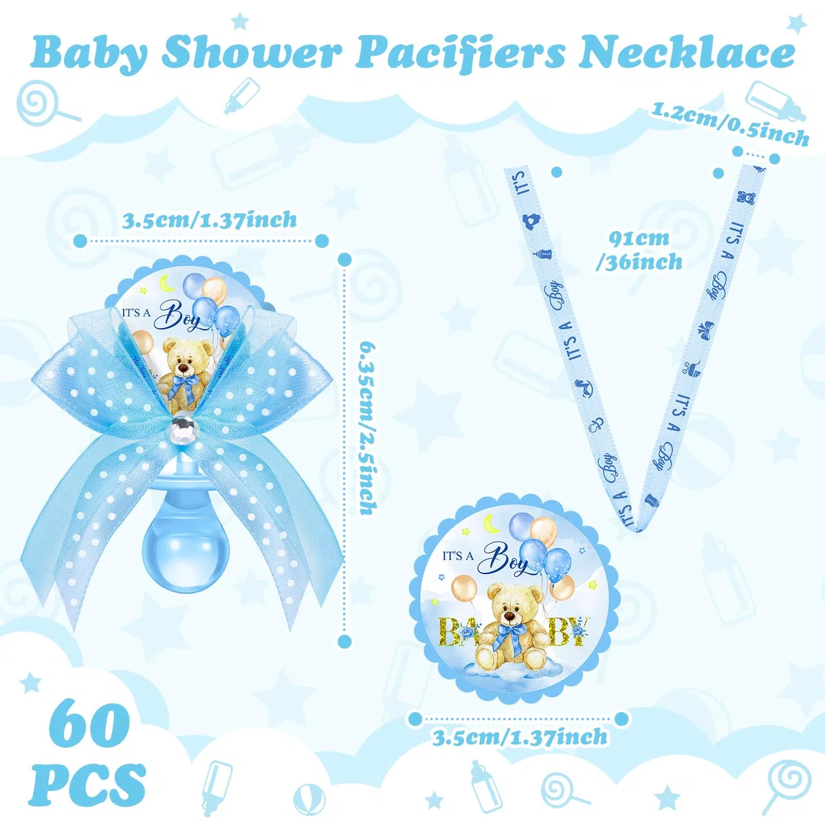 Threlaco 60 Stück Schnullerhalskette für Babypartys, niedlicher Bär, Acryl, Baby-Schnuller, Schnuller, Halskette für Babyparty, Party, Dekoration, Tischstücke (Blau, eleganter Stil)