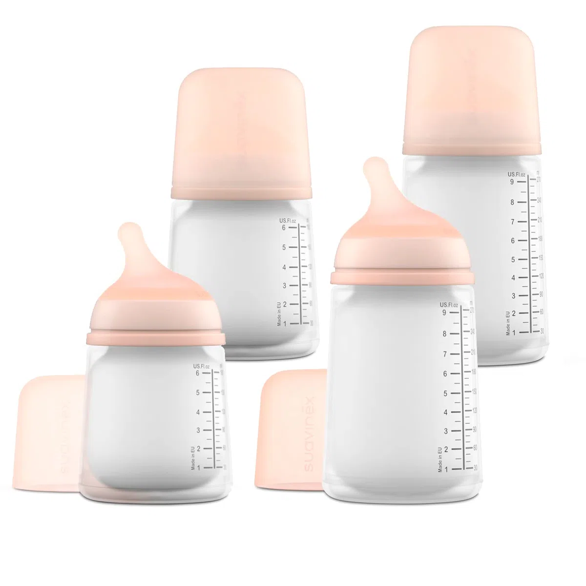 Suavinex, Zero Zero Anti-Kolik Babyflaschen-Set, 4 Baby-Fläschchen: 2 x 180ml mit anpassbarem Nahrungsfluss + 2 x 270ml mit mittlerem Nahrungsfluss, Flaschen 0-6 Monate